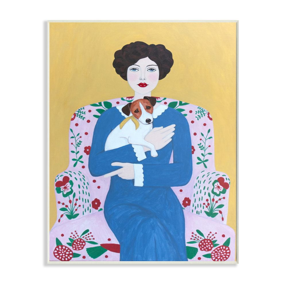 Stupell Industries Woman And Dog On Armchair Yellow Blue Animal Painting Wall Plaque by Sally B, 10" x 15", Wall Plaque