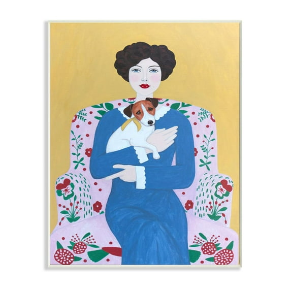 Stupell Industries Woman And Dog On Armchair Yellow Blue Animal Painting Wall Plaque by Sally B, 13" x 19", Wall Plaque
