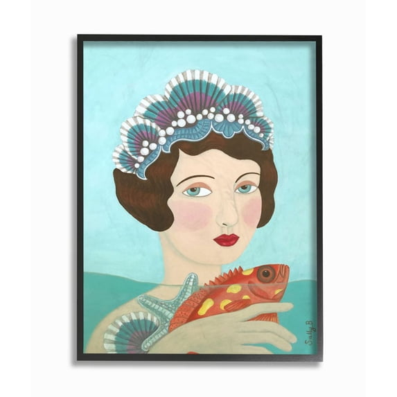 Stupell Industries Woman And Fish Blue Animal Painting Black Framed Art Print Wall Art, 11x14, by Sally B