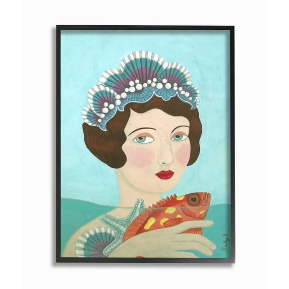 Stupell Industries Woman And Fish Blue Animal Painting Black Framed Art Print Wall Art, 24x30, by Sally B