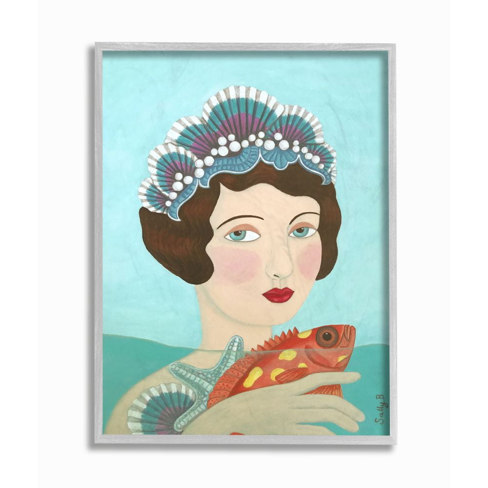 Stupell Industries Woman And Fish Blue Animal Painting Framed Wall Art by Sally B, 11" x 14", Gray Framed