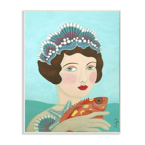 Stupell Industries Woman And Fish Blue Animal Painting Wall Plaque by Sally B, 10" x 15", Wall Plaque