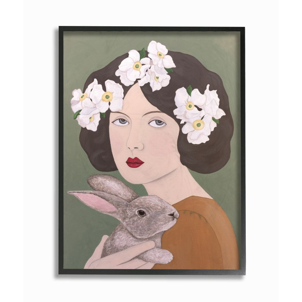 Stupell Industries Woman And Rabbit White Flower Animal Painting Black Framed Art Print Wall Art, 16x20, by Sally B