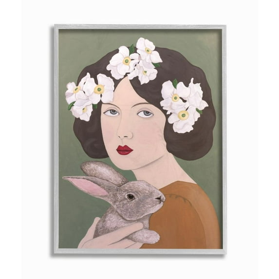 Stupell Industries Woman And Rabbit White Flower Animal Painting Gray Framed Art Print Wall Art, 16x20, by Sally B