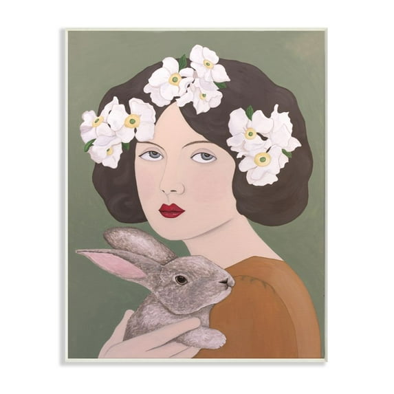 Stupell Industries Woman And Rabbit White Flower Animal Painting Wall Plaque by Sally B, 13" x 19", Wall Plaque