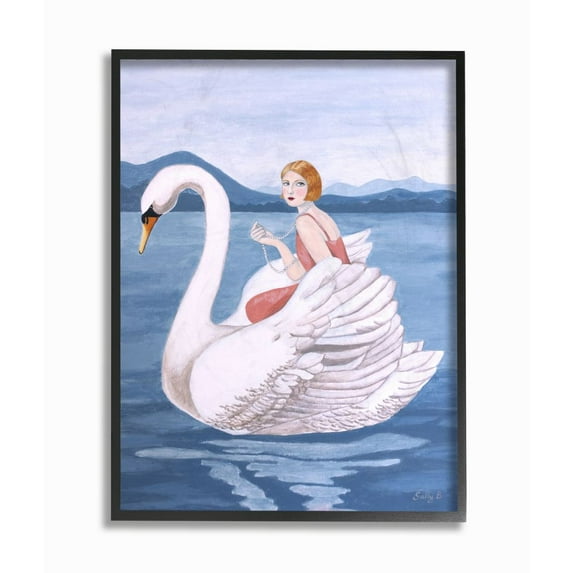 Stupell Industries Woman And Swan Blue Water Animal Painting Black Framed Art Print Wall Art, 16x20, by Sally B