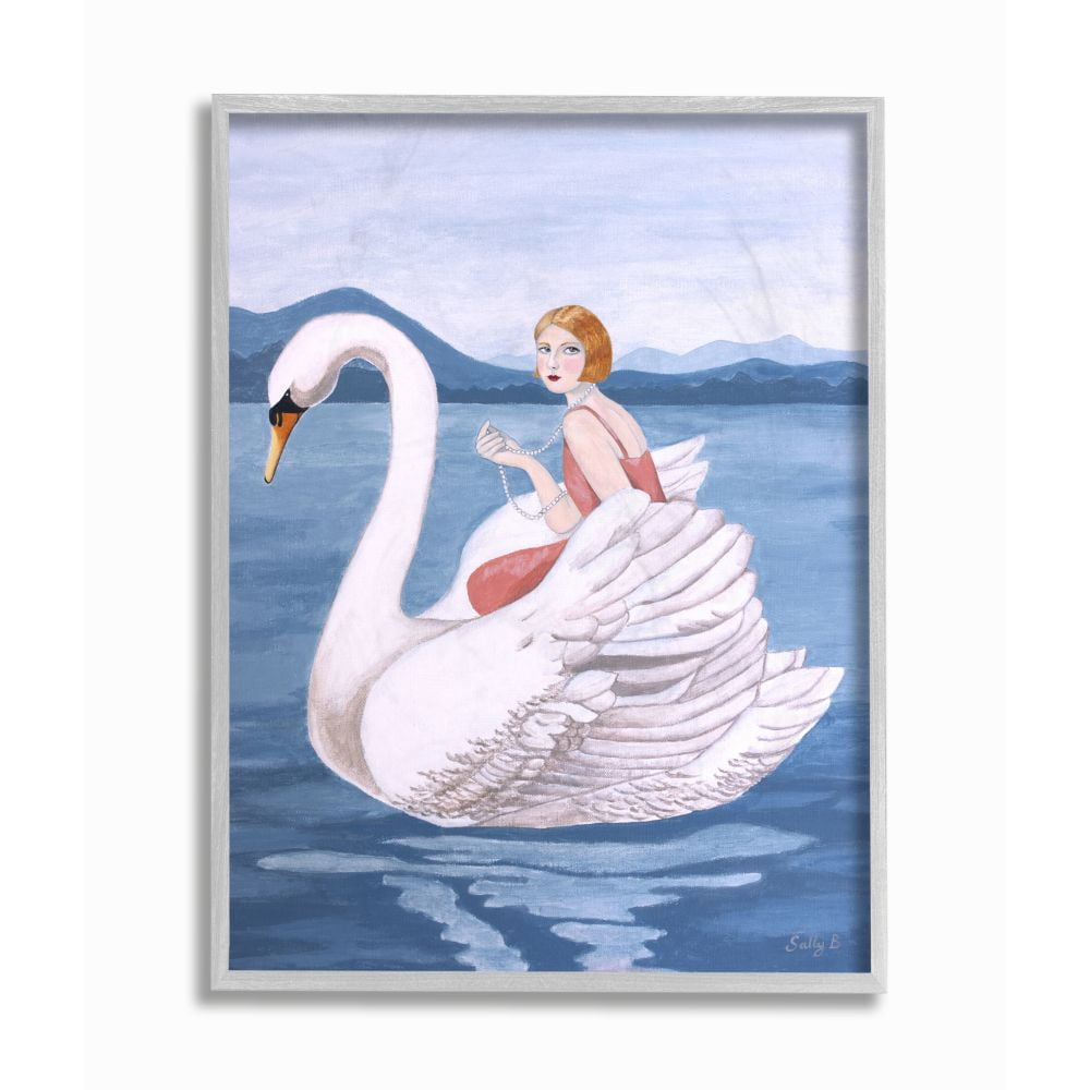 Stupell Industries Woman And Swan Blue Water Animal Painting Gray Framed Art Print Wall Art, 11x14, by Sally B