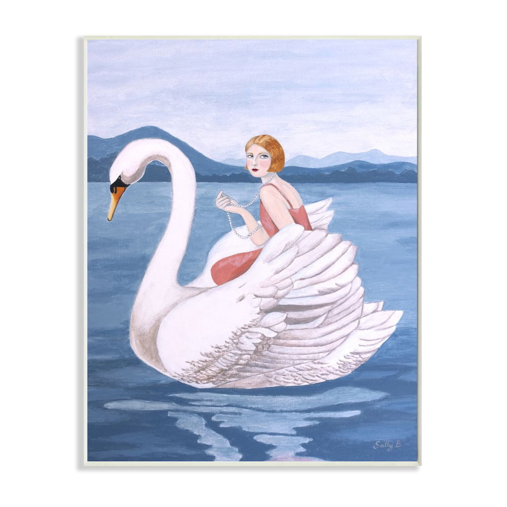 Stupell Industries Woman And Swan Blue Water Animal Painting Wall Plaque by Sally B, 13" x 19", Wall Plaque
