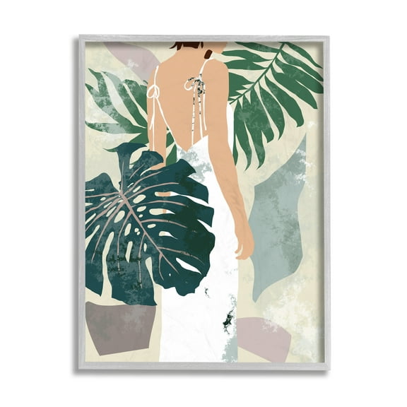 Stupell Industries Woman Between Shaded Palms Tropical Plants Grey Framed, 16 x 20, Design by Melissa Wang