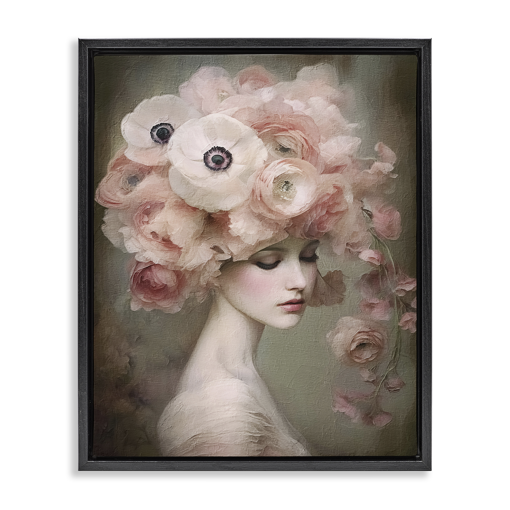 Stupell Industries Woman & Blush Florals Novelty Painting Black Floater Framed Art Print Wall Art, 25 x 31