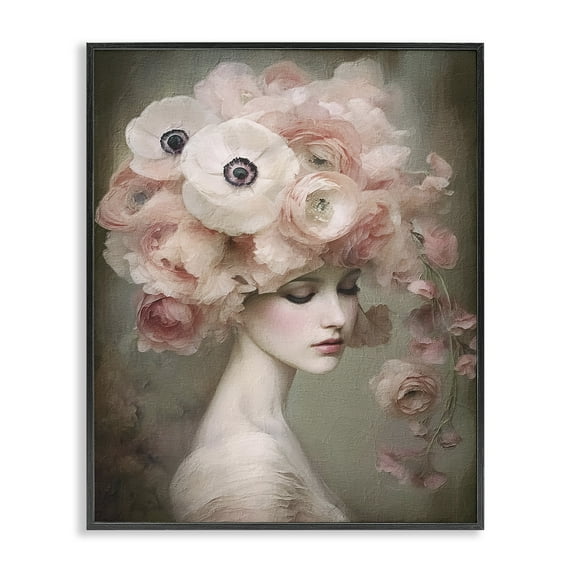 Stupell Industries Woman & Blush Florals Novelty Painting Black Framed Art Print Wall Art, 16 x 20