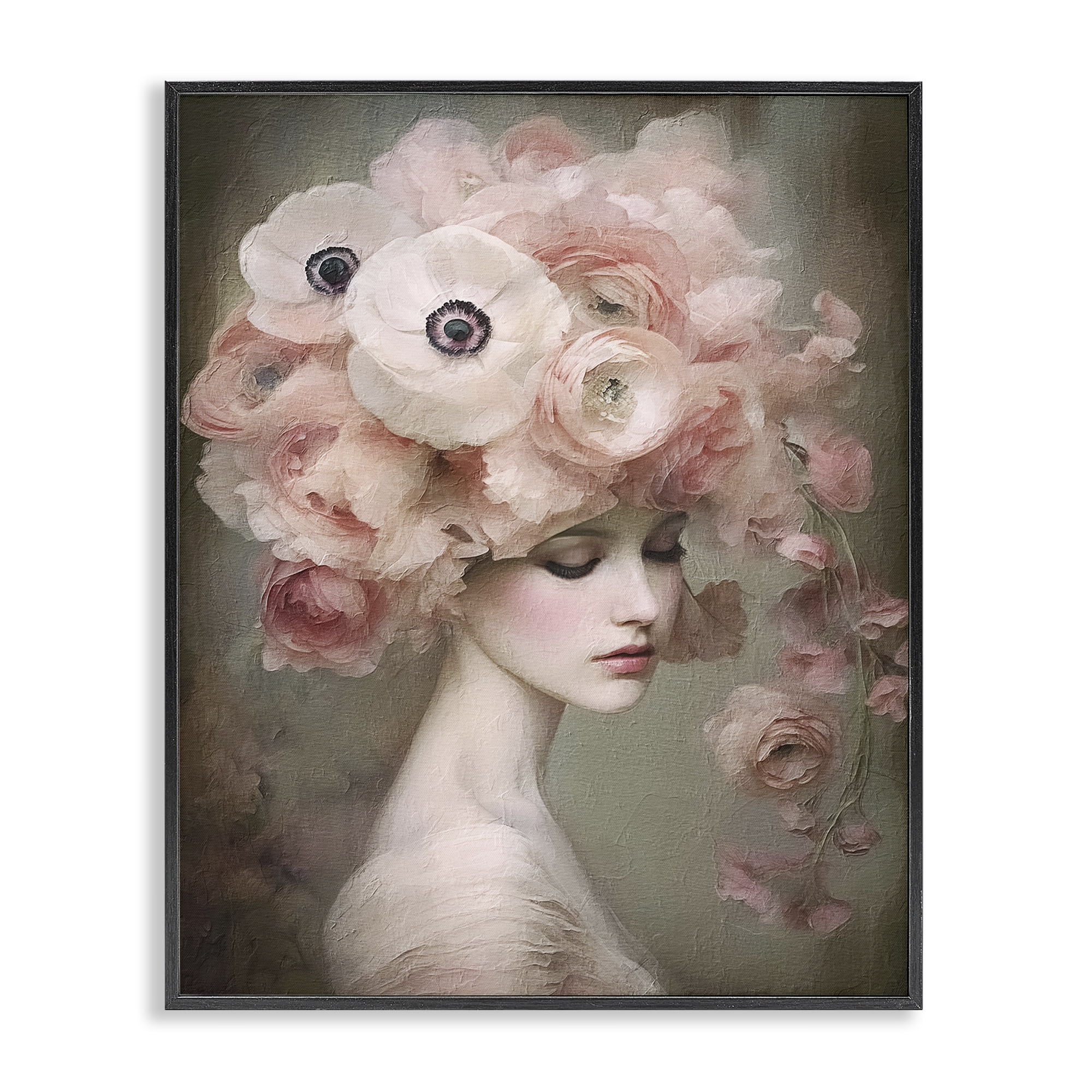 Stupell Industries Woman & Blush Florals Novelty Painting Black Framed Art Print Wall Art, 24 x 30