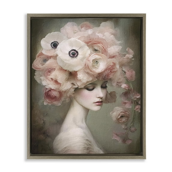 Stupell Industries Woman & Blush Florals Novelty Painting Brown Floater Framed Art Print Wall Art, 17 x 21