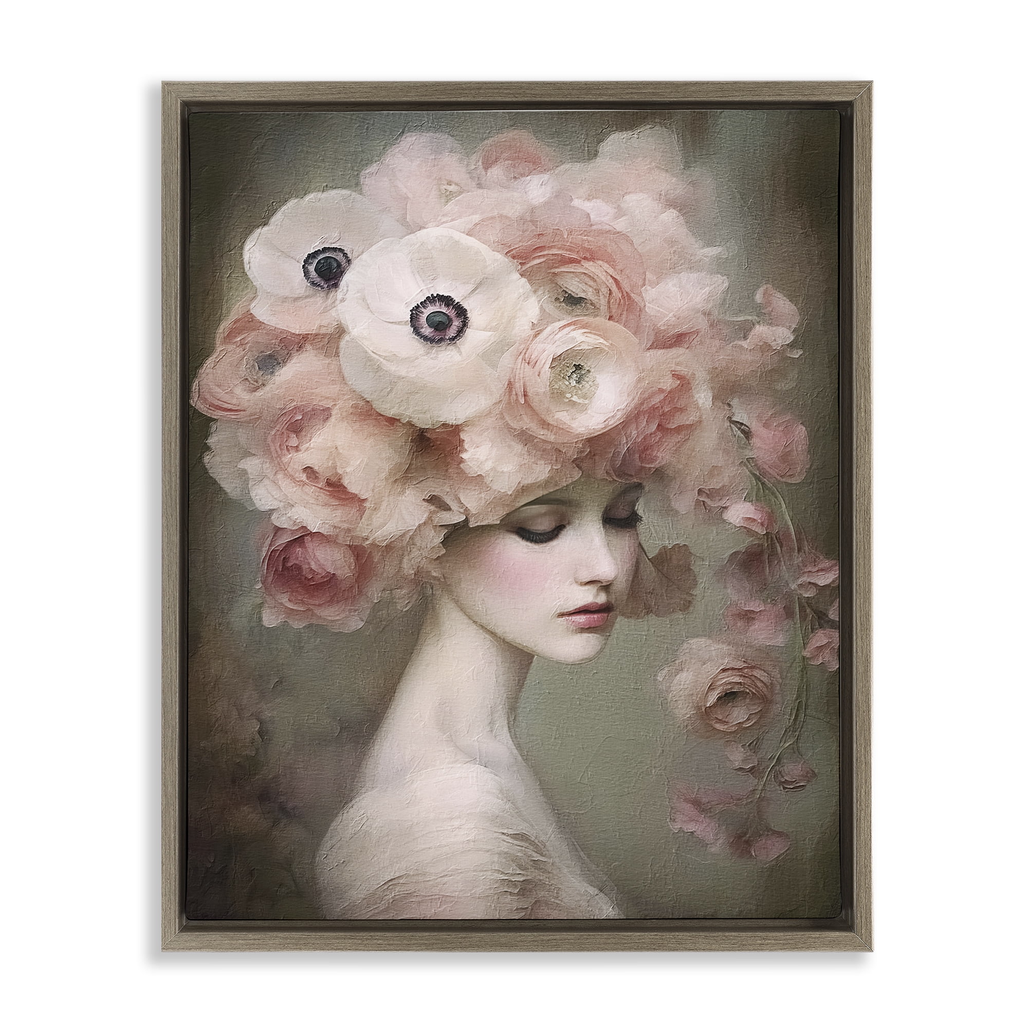 Stupell Industries Woman & Blush Florals Novelty Painting Brown Floater Framed Art Print Wall Art, 25 x 31