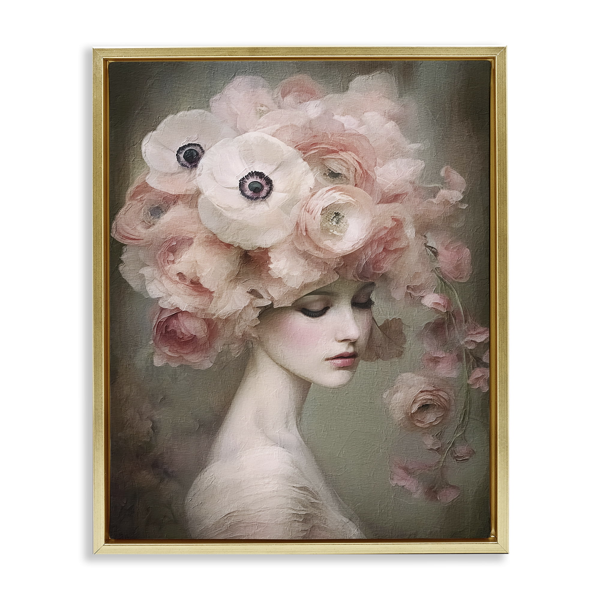 Stupell Industries Woman & Blush Florals Novelty Painting Gold Floater Framed Art Print Wall Art, 17 x 21