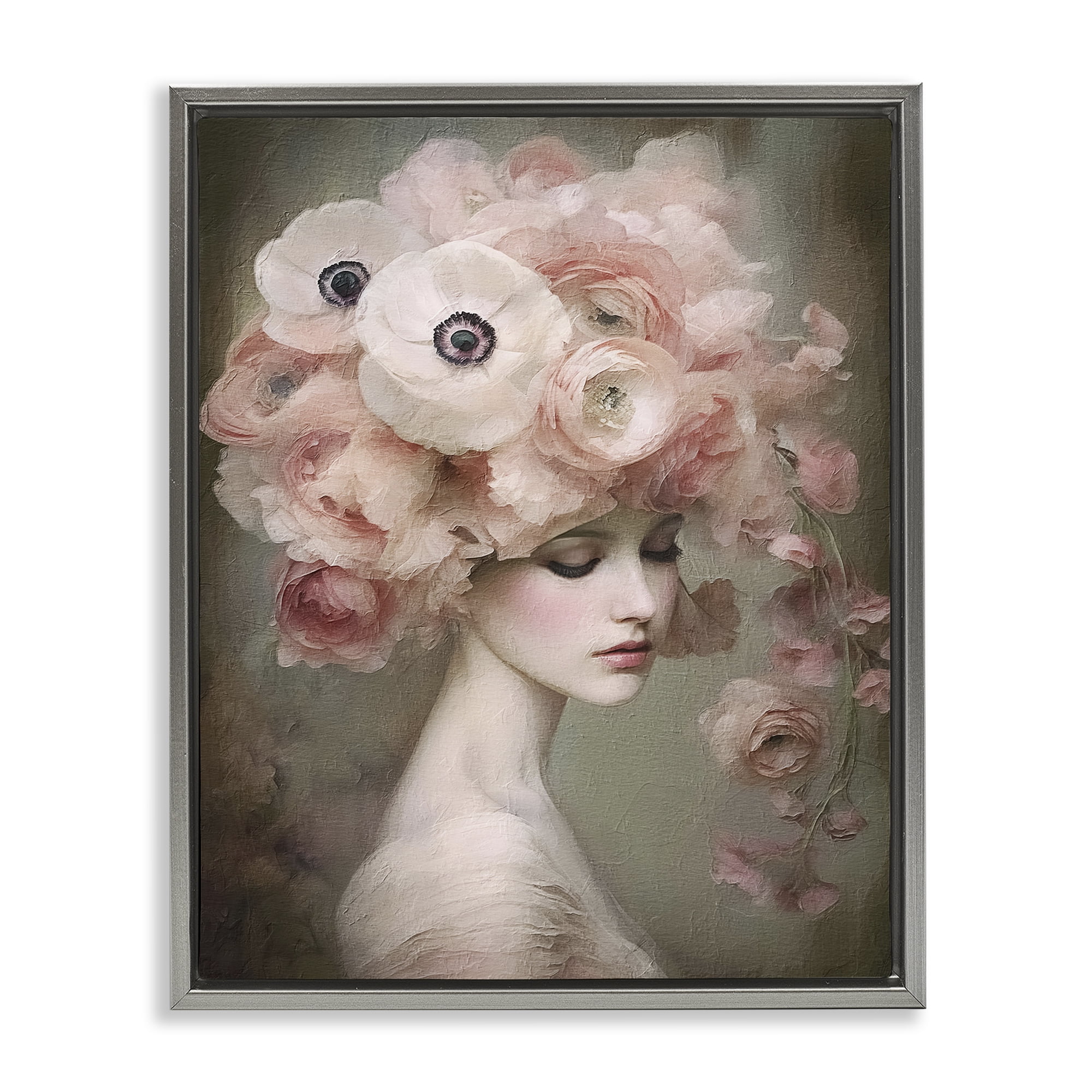 Stupell Industries Woman & Blush Florals Novelty Painting Gray Floater Framed Art Print Wall Art, 17 x 21