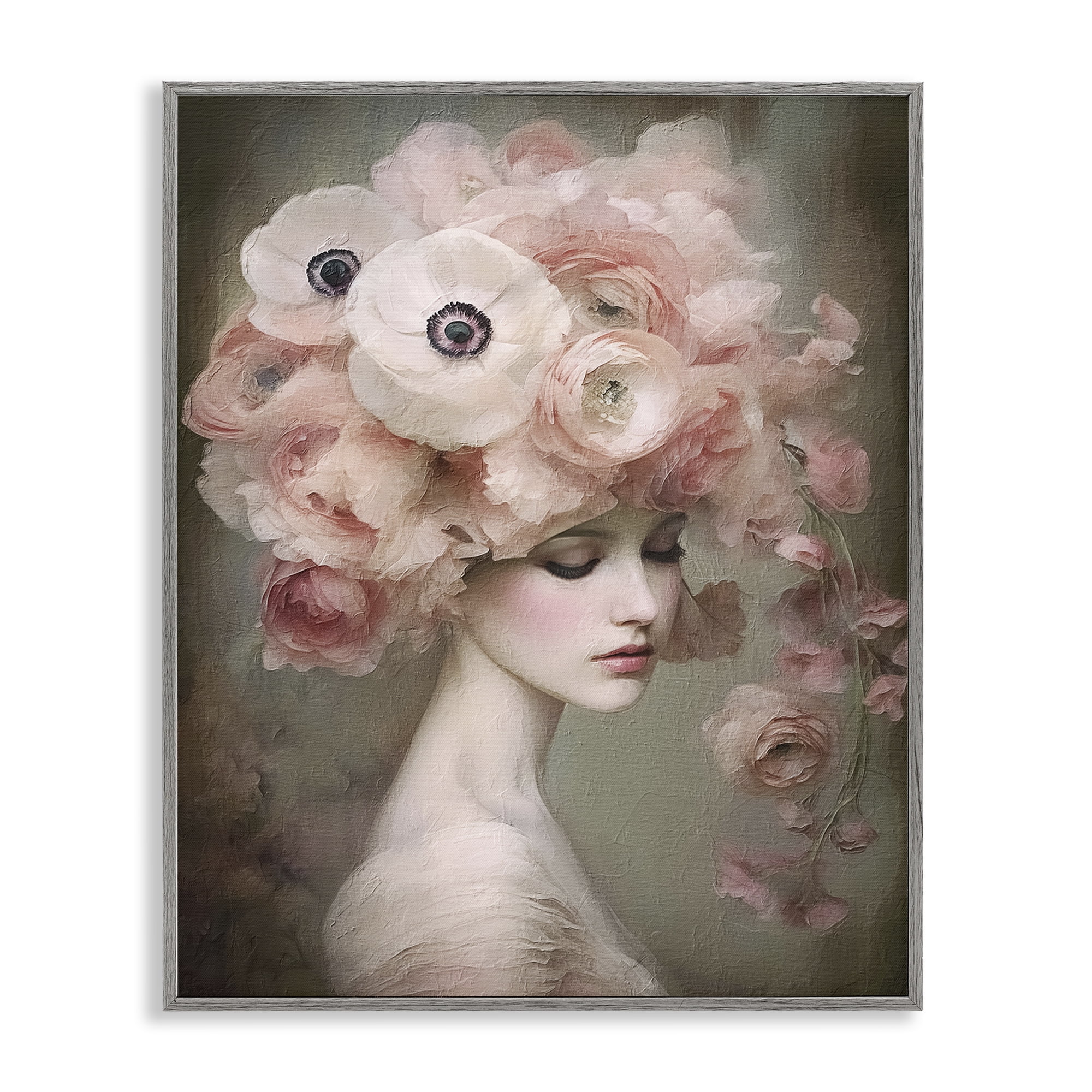 Stupell Industries Woman & Blush Florals Novelty Painting Gray Framed Art Print Wall Art, 11 x 14