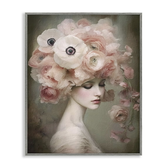 Stupell Industries Woman & Blush Florals Novelty Painting Gray Framed Art Print Wall Art, 11 x 14
