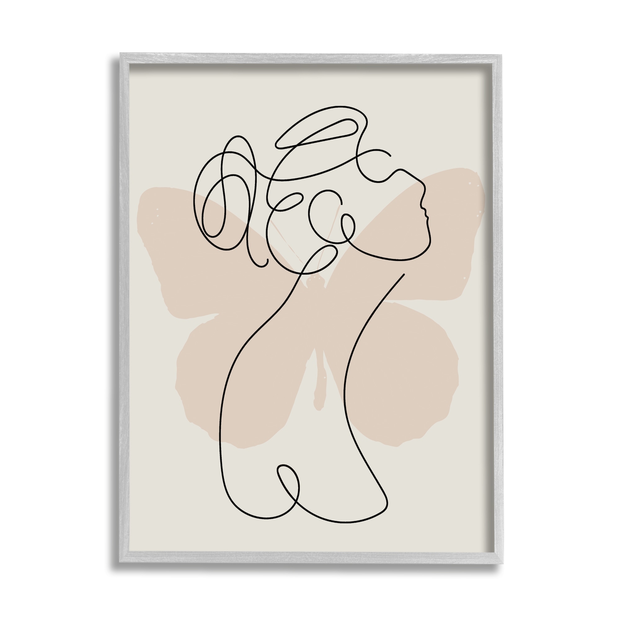 Stupell Industries Woman & Butterfly Line Doodle Abstract Painting Gray Framed Art Print Wall Art
