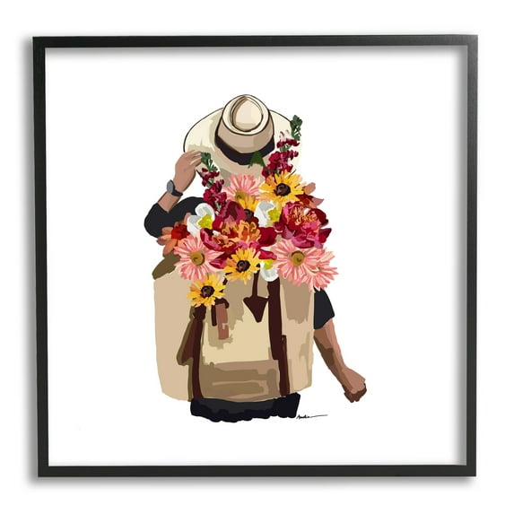 Stupell Industries Woman Carrying Backpack Mixed Flower Bouquet Arrangement Graphic Art Black Framed Art Print Wall Art, Design by Amelia Noyes