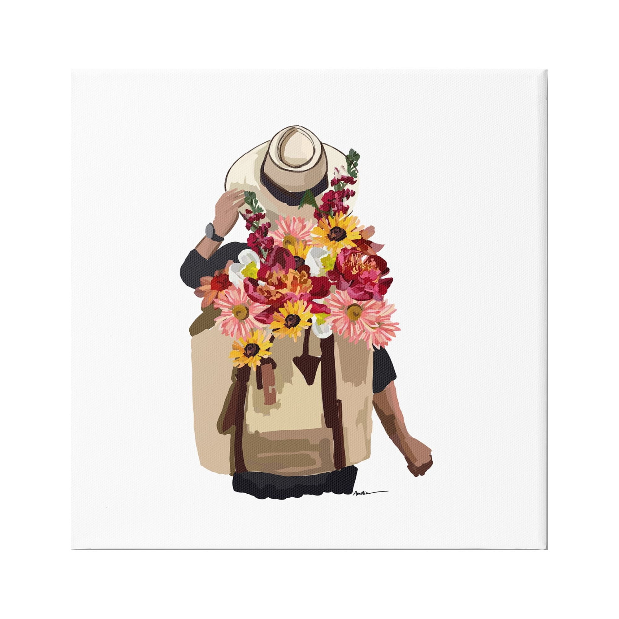 Stupell Industries Woman Carrying Backpack Mixed Flower Bouquet Arrangement Graphic Art Gallery Wrapped Canvas Print Wall Art, Design by Amelia Noyes