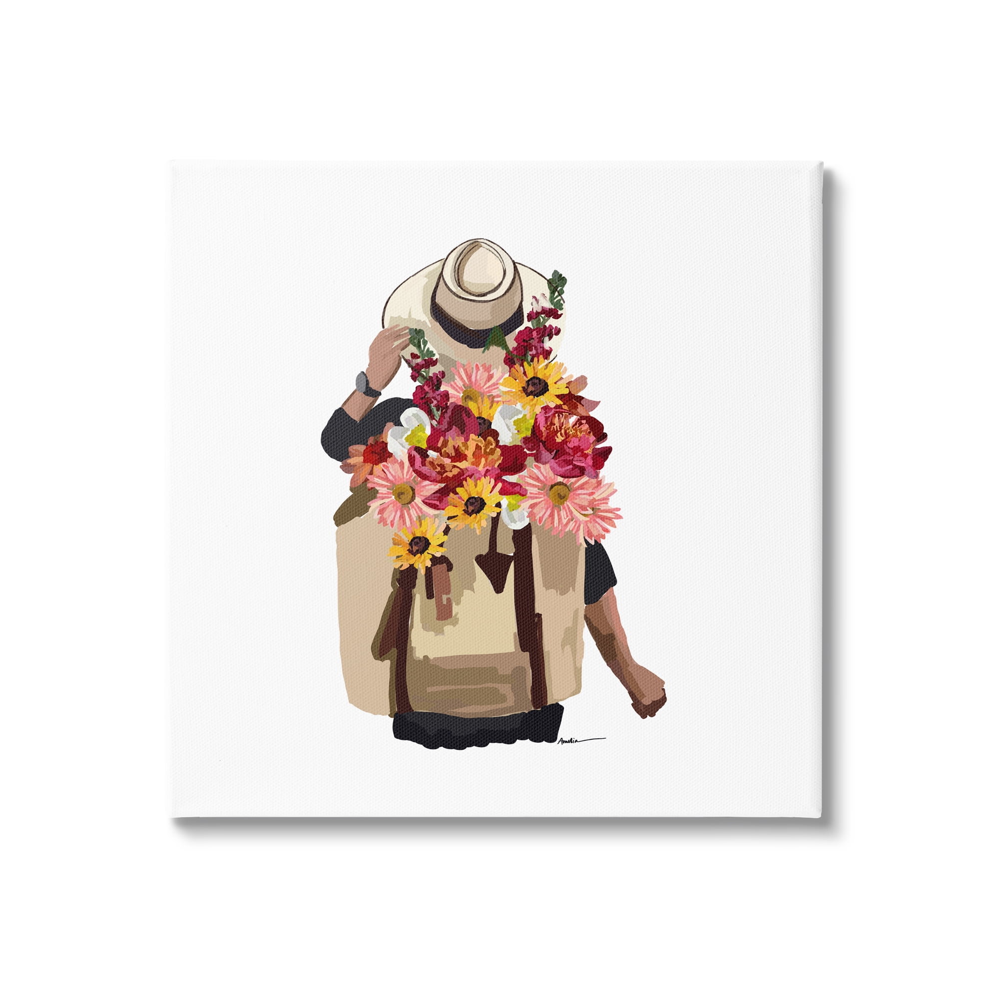 Stupell Industries Woman Carrying Backpack Mixed Flower Bouquet Arrangement Graphic Art Gallery Wrapped Canvas Print Wall Art, Design by Amelia Noyes