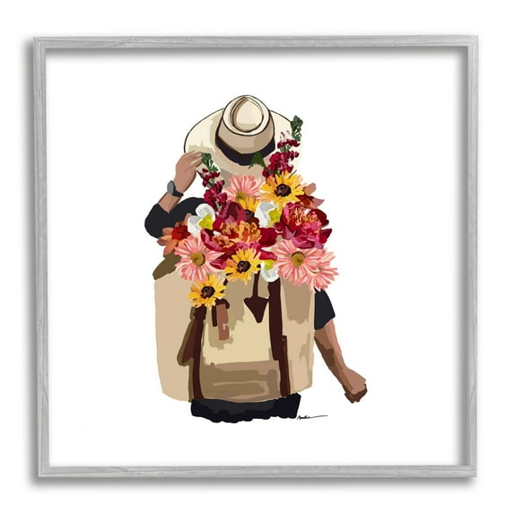 Stupell Industries Woman Carrying Backpack Mixed Flower Bouquet Arrangement Graphic Art Gray Framed Art Print Wall Art, Design by Amelia Noyes