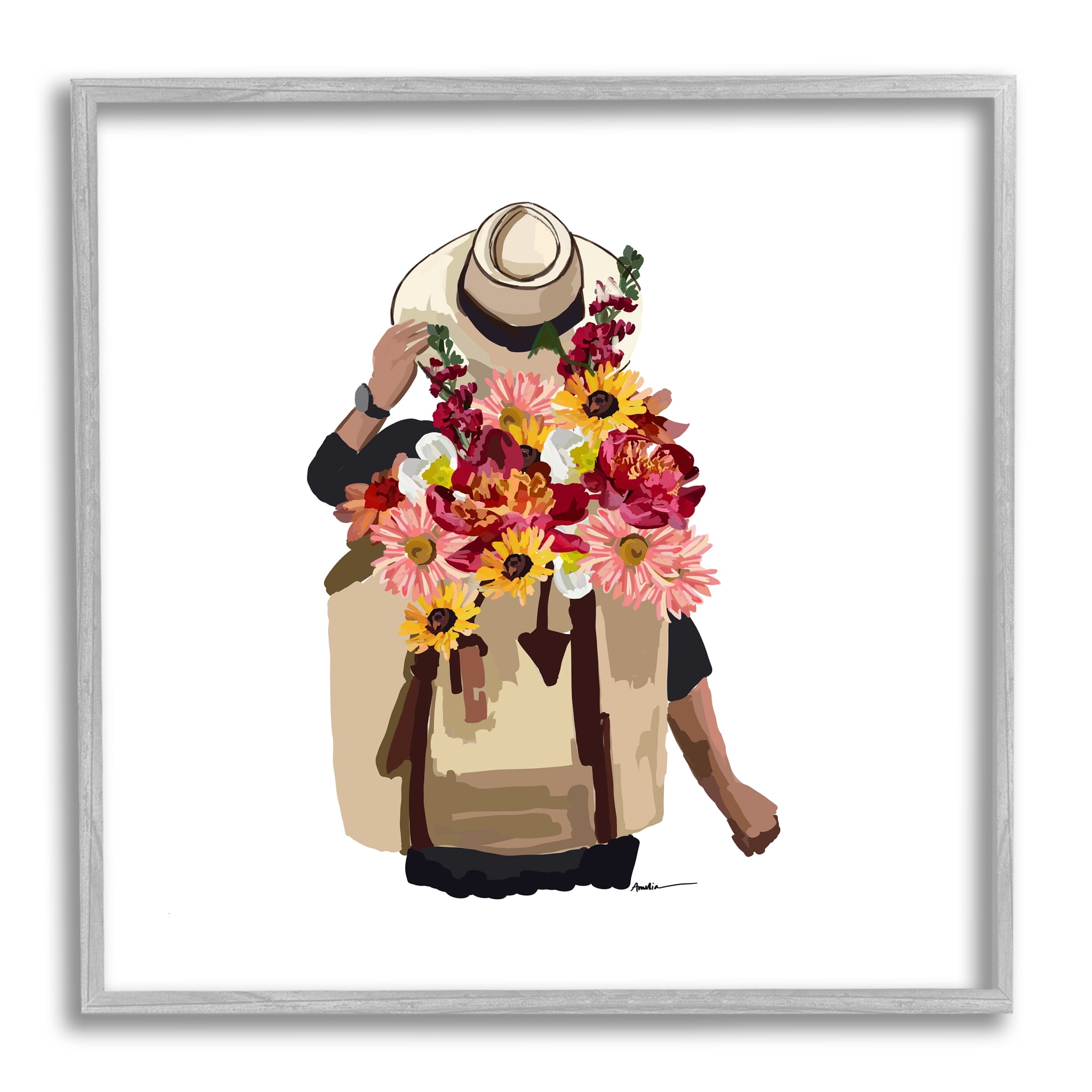 Stupell Industries Woman Carrying Backpack Mixed Flower Bouquet Arrangement Graphic Art Gray Framed Art Print Wall Art, Design by Amelia Noyes