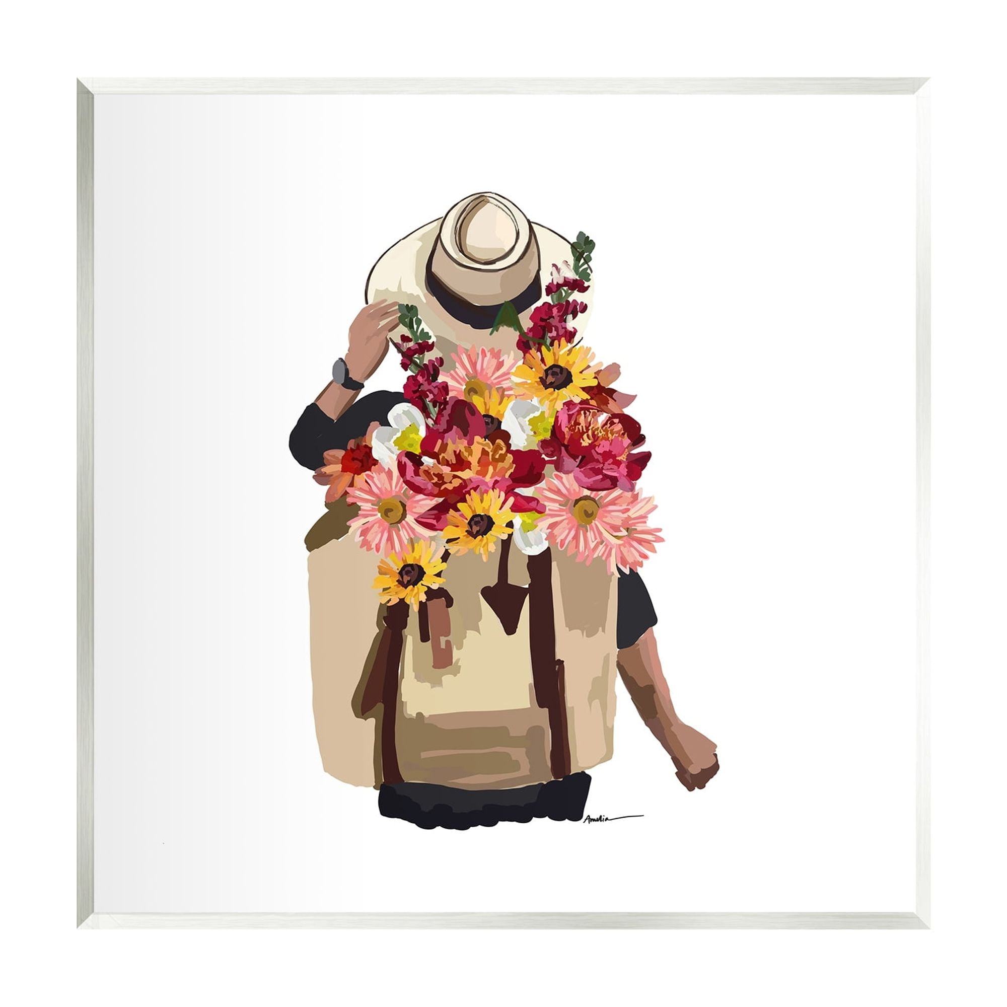 Stupell Industries Woman Carrying Backpack Mixed Flower Bouquet Arrangement Graphic Art Unframed Art Print Wall Art, Design by Amelia Noyes