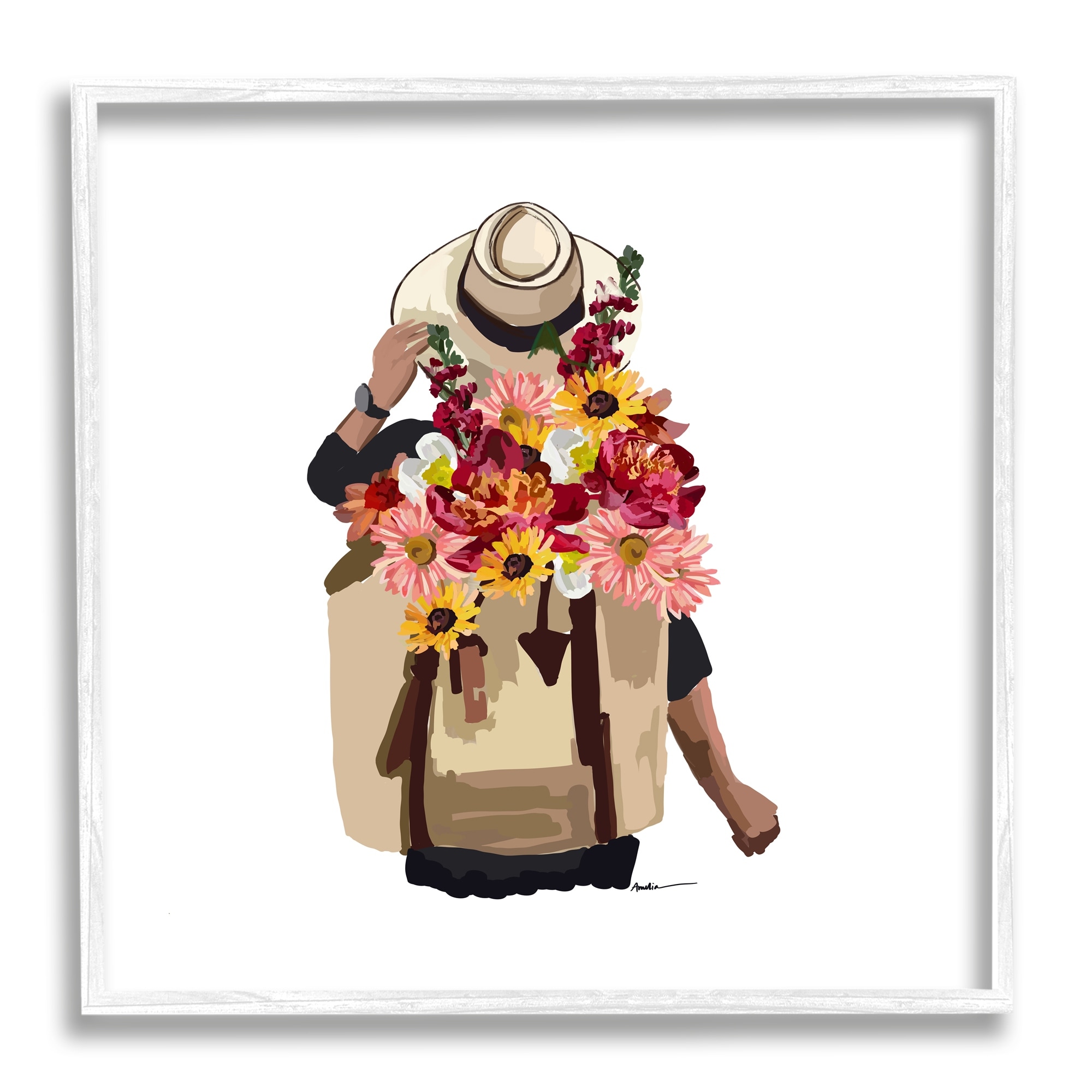 Stupell Industries Woman Carrying Backpack Mixed Flower Bouquet Arrangement Graphic Art White Framed Art Print Wall Art, Design by Amelia Noyes