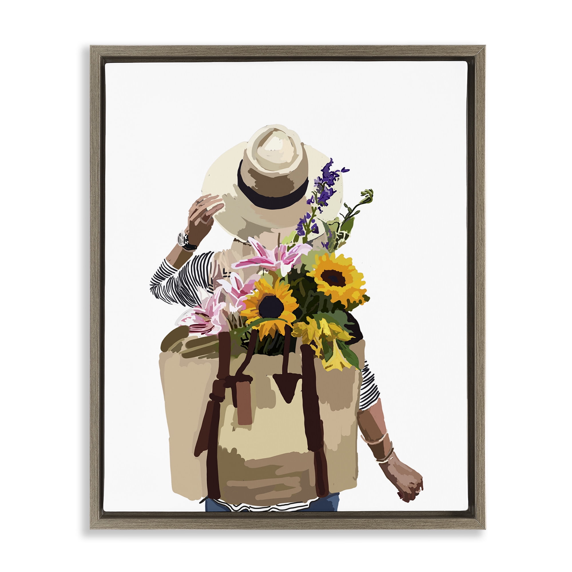 Stupell Industries Woman Carrying Floral Backpack Botanical & Floral Painting Brown Floater Framed Canvas Art Print Wall Art, 17 x 21