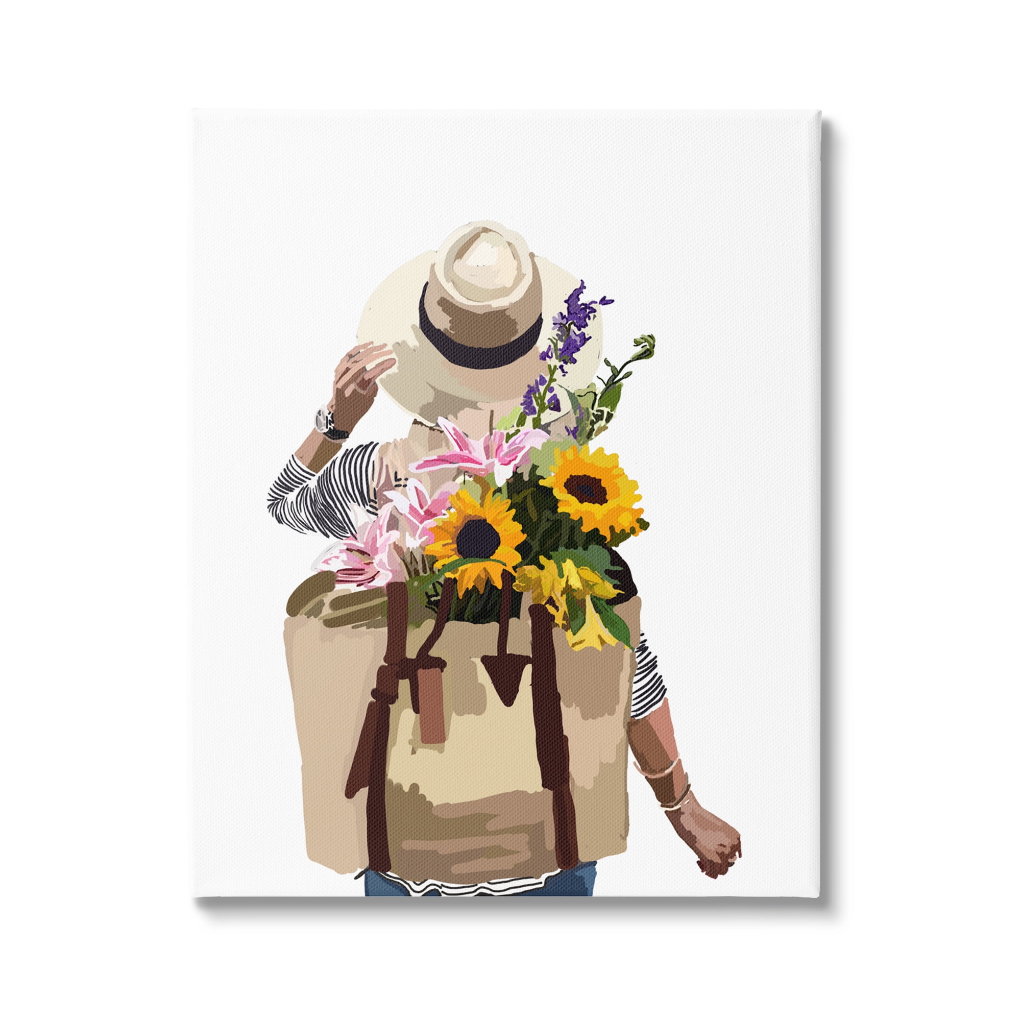 Stupell Industries Woman Carrying Floral Backpack Varied Sunflower Blossoms Graphic Art Gallery Wrapped Canvas Print Wall Art, Design by Amelia Noyes