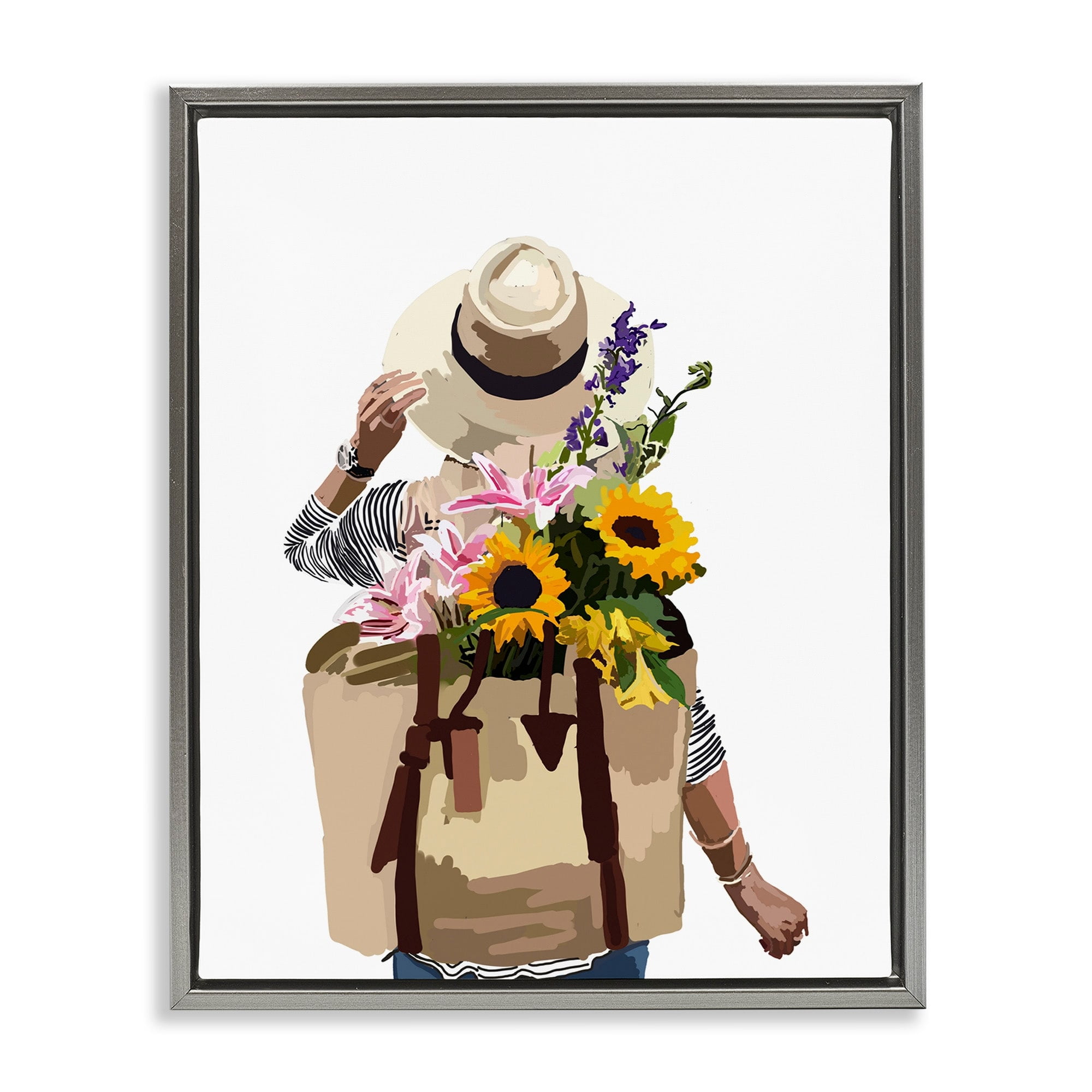 Stupell Industries Woman Carrying Floral Backpack Varied Sunflower Blossoms Graphic Art Luster Gray Floating Framed Canvas Print Wall Art, Design by Amelia Noyes