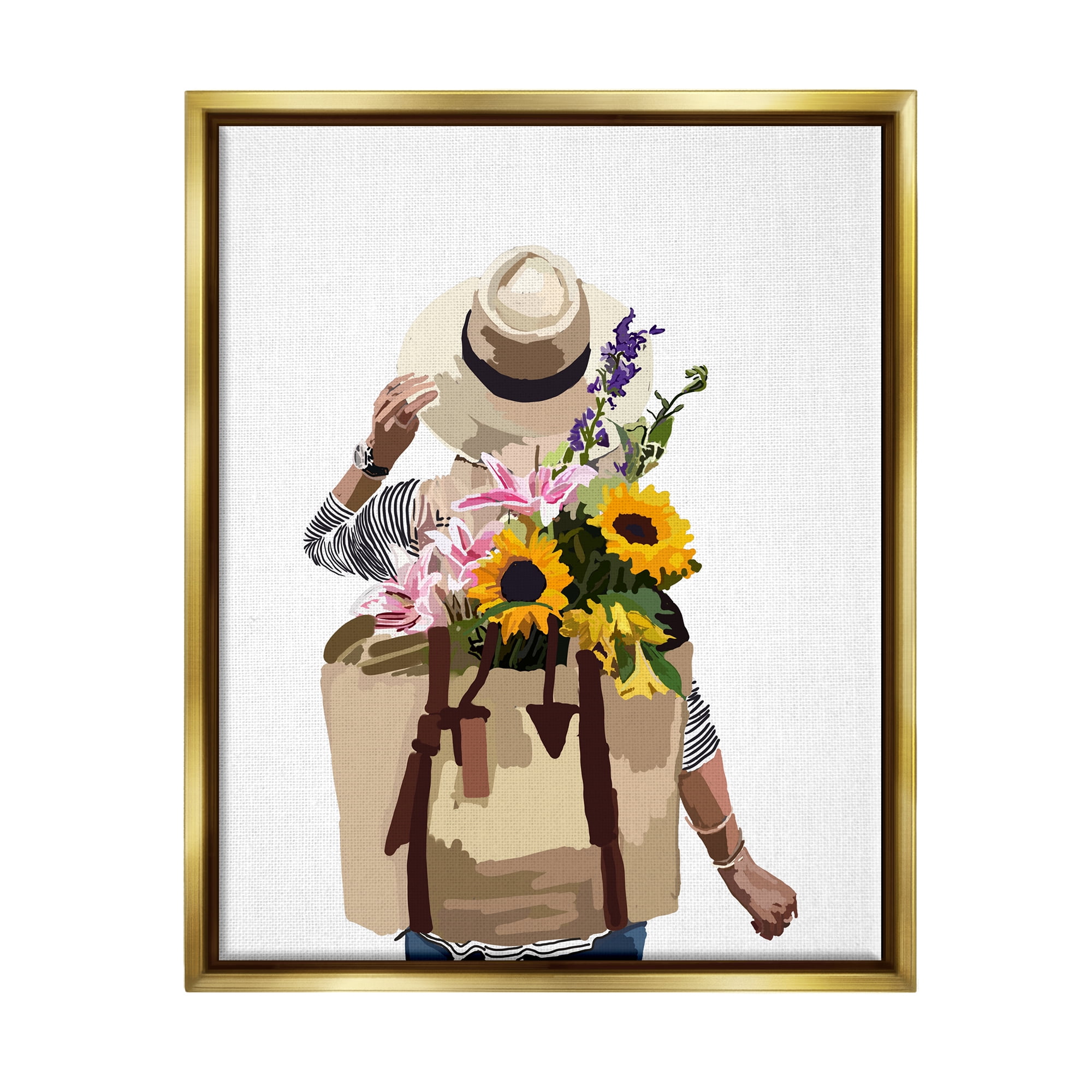 Stupell Industries Woman Carrying Floral Backpack Varied Sunflower Blossoms Graphic Art Metallic Gold Floating Framed Canvas Print Wall Art, Design by Amelia Noyes