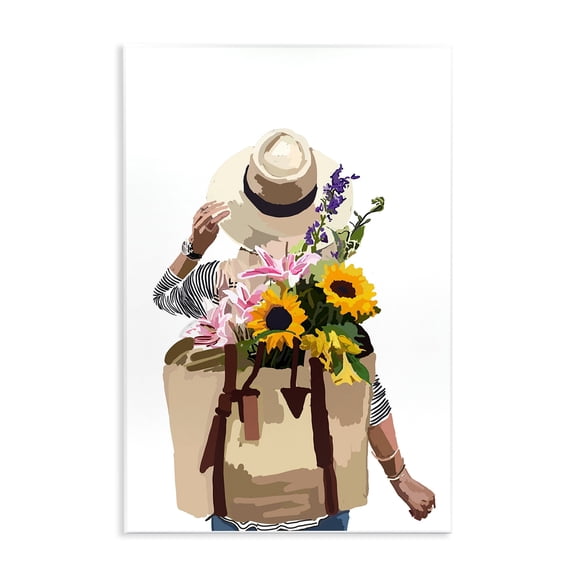 Stupell Industries Woman Carrying Floral Backpack Varied Sunflower Blossoms Graphic Art Unframed Art Print Wall Art, Design by Amelia Noyes