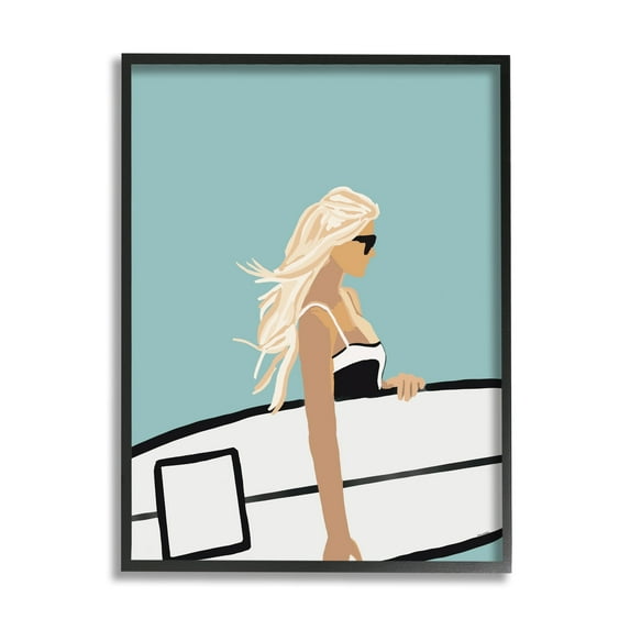 Stupell Industries Woman Carrying Surf Board Windblown Beach Hair Graphic Art Black Framed Art Print Wall Art, Design by Amelia Noyes