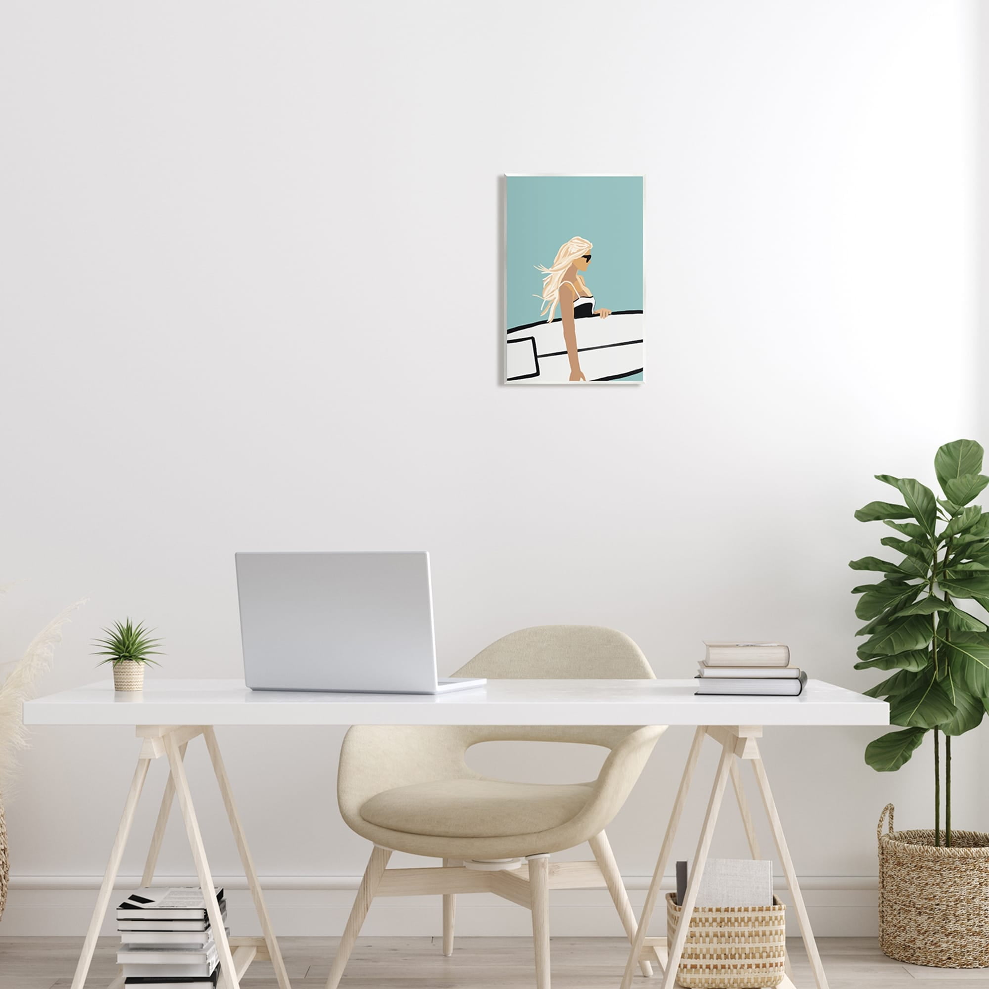 Stupell Industries Woman Carrying Surf Board Windblown Beach Hair Graphic Art Unframed Art Print Wall Art, Design by Amelia Noyes