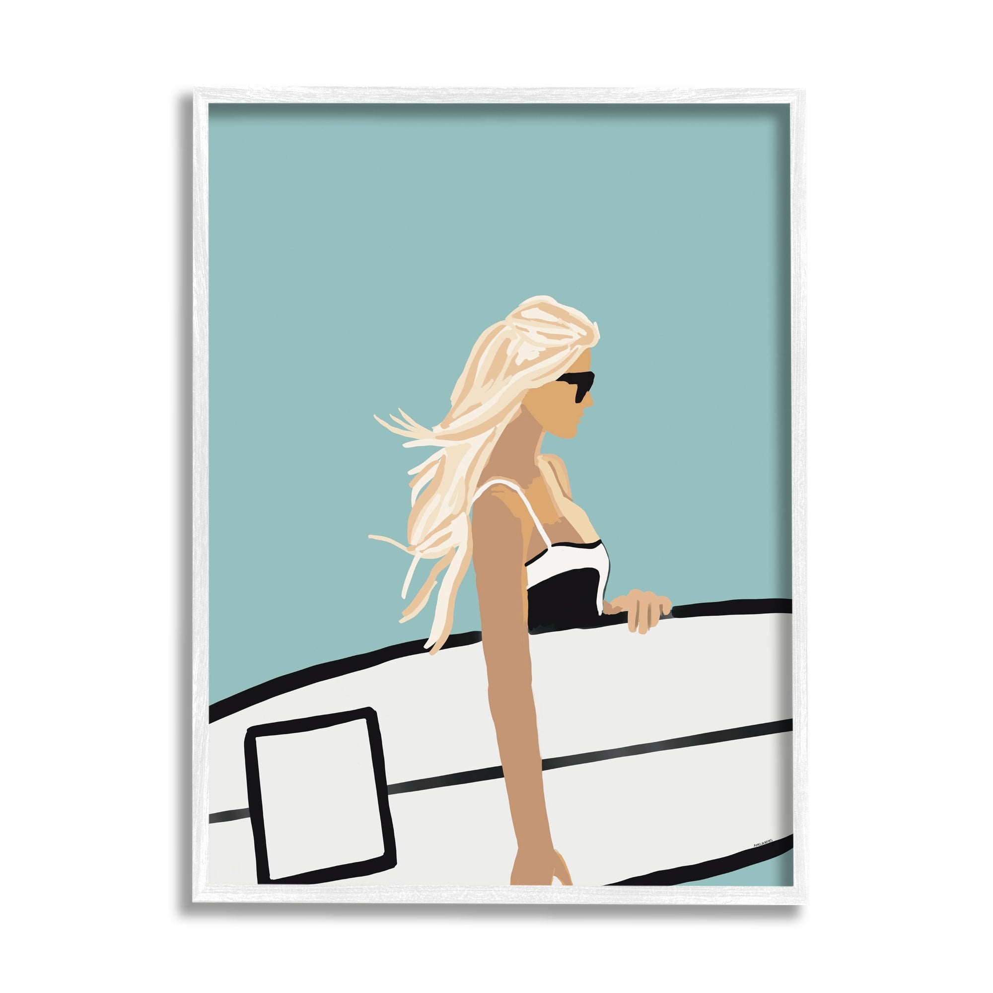 Stupell Industries Woman Carrying Surf Board Windblown Beach Hair Graphic Art White Framed Art Print Wall Art, Design by Amelia Noyes