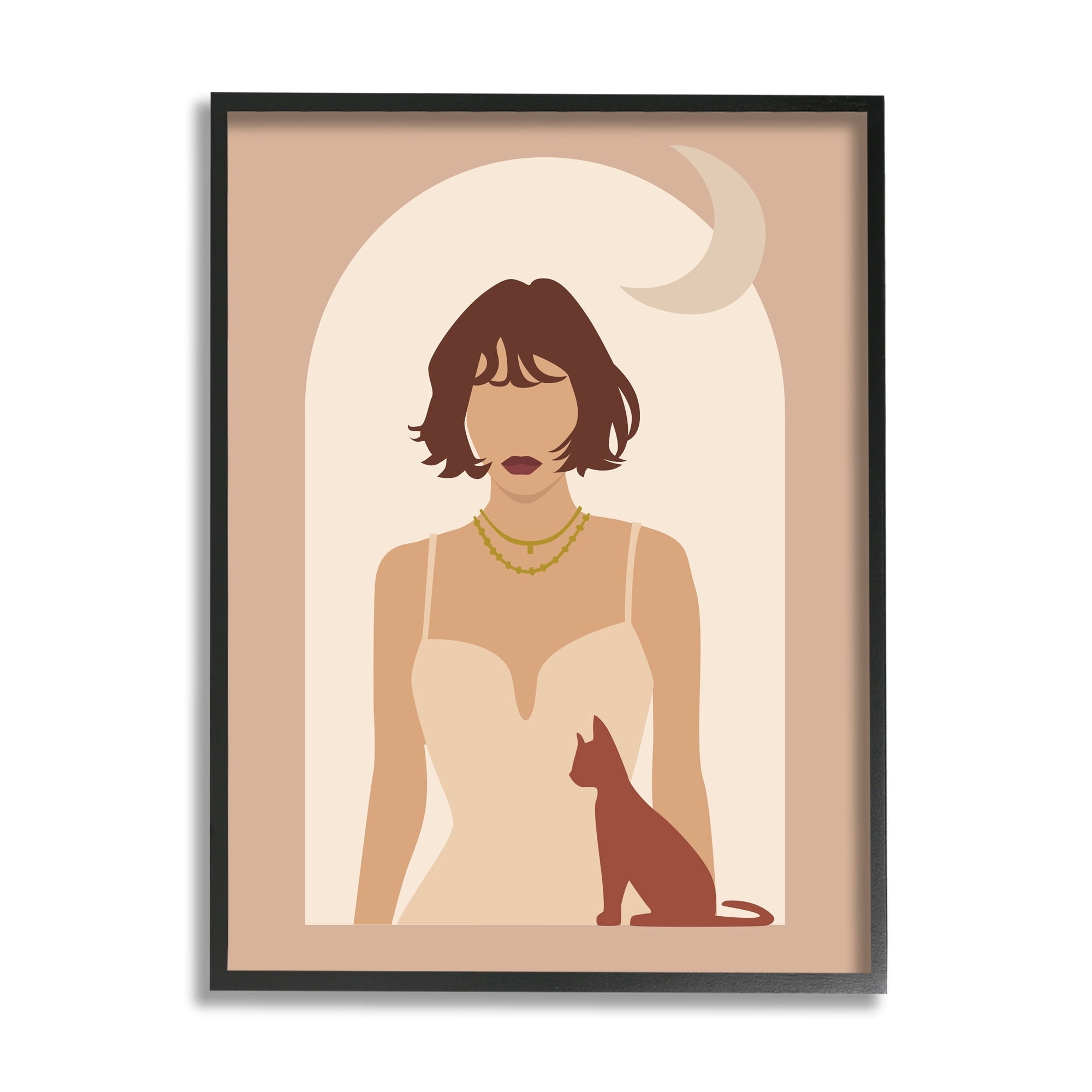 Stupell Industries Woman & Cat Arch Shape Cutout Moon Motif Graphic Art Black Framed Art Print Wall Art, Design by Birch&Ink