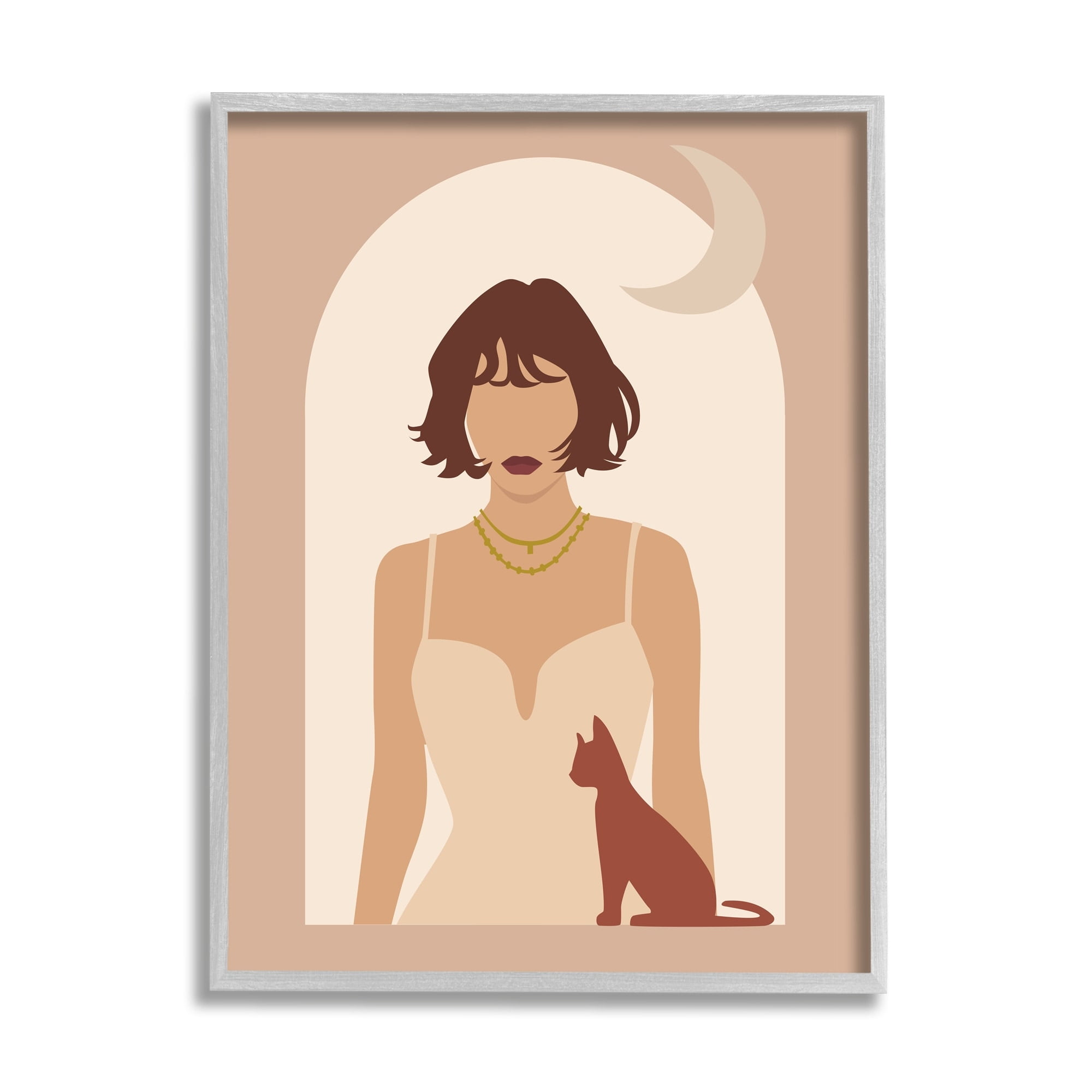 Stupell Industries Woman & Cat Arch Shape Cutout Moon Motif Graphic Art Gray Framed Art Print Wall Art, Design by Birch&Ink