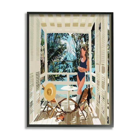 Stupell Industries Woman Coastal Beach Canopy Summer Ocean Scene Graphic Art Black Framed Art Print Wall Art, Design by Amelia Noyes