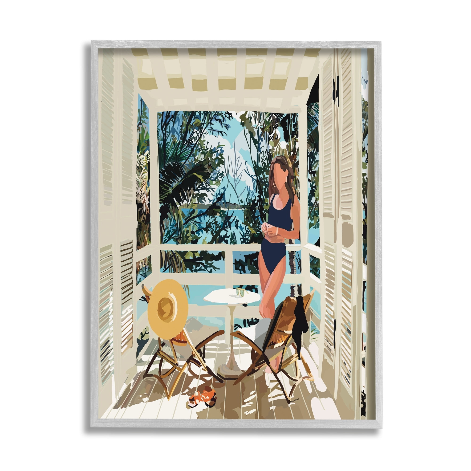Stupell Industries Woman Coastal Beach Canopy Summer Ocean Scene Graphic Art Gray Framed Art Print Wall Art, Design by Amelia Noyes