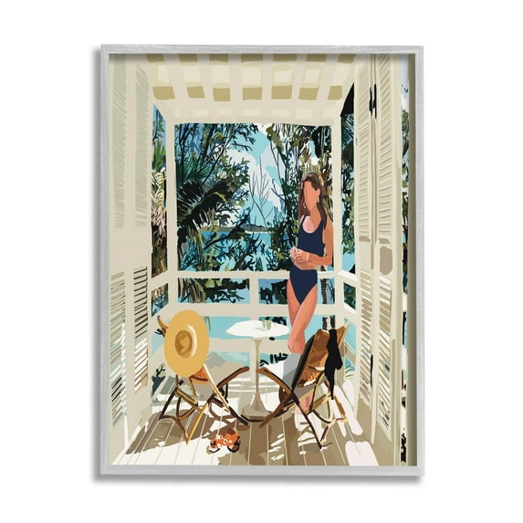 Stupell Industries Woman Coastal Beach Canopy Summer Ocean Scene Graphic Art Gray Framed Art Print Wall Art, Design by Amelia Noyes