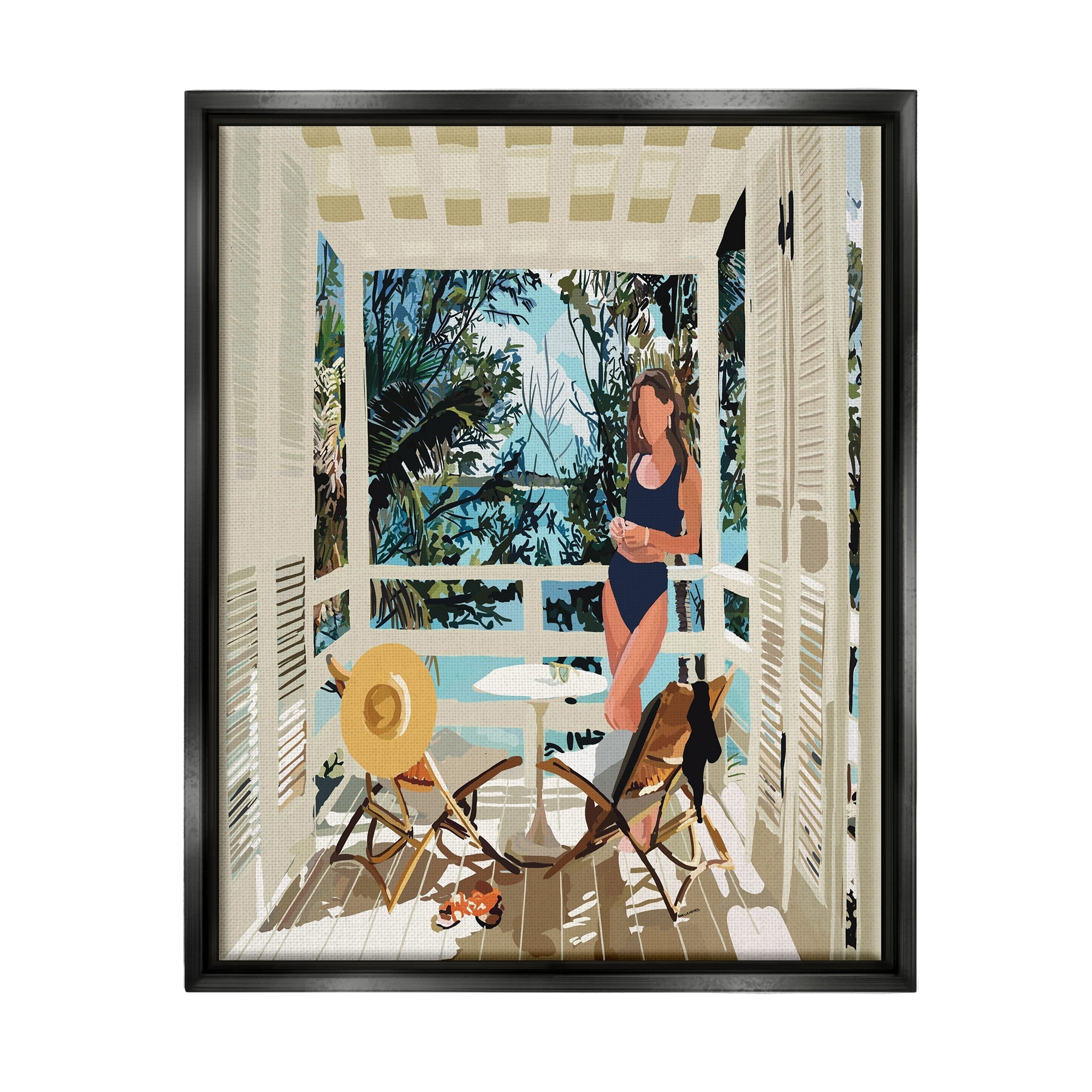 Stupell Industries Woman Coastal Beach Canopy Summer Ocean Scene Graphic Art Jet Black Floating Framed Canvas Print Wall Art, Design by Amelia Noyes