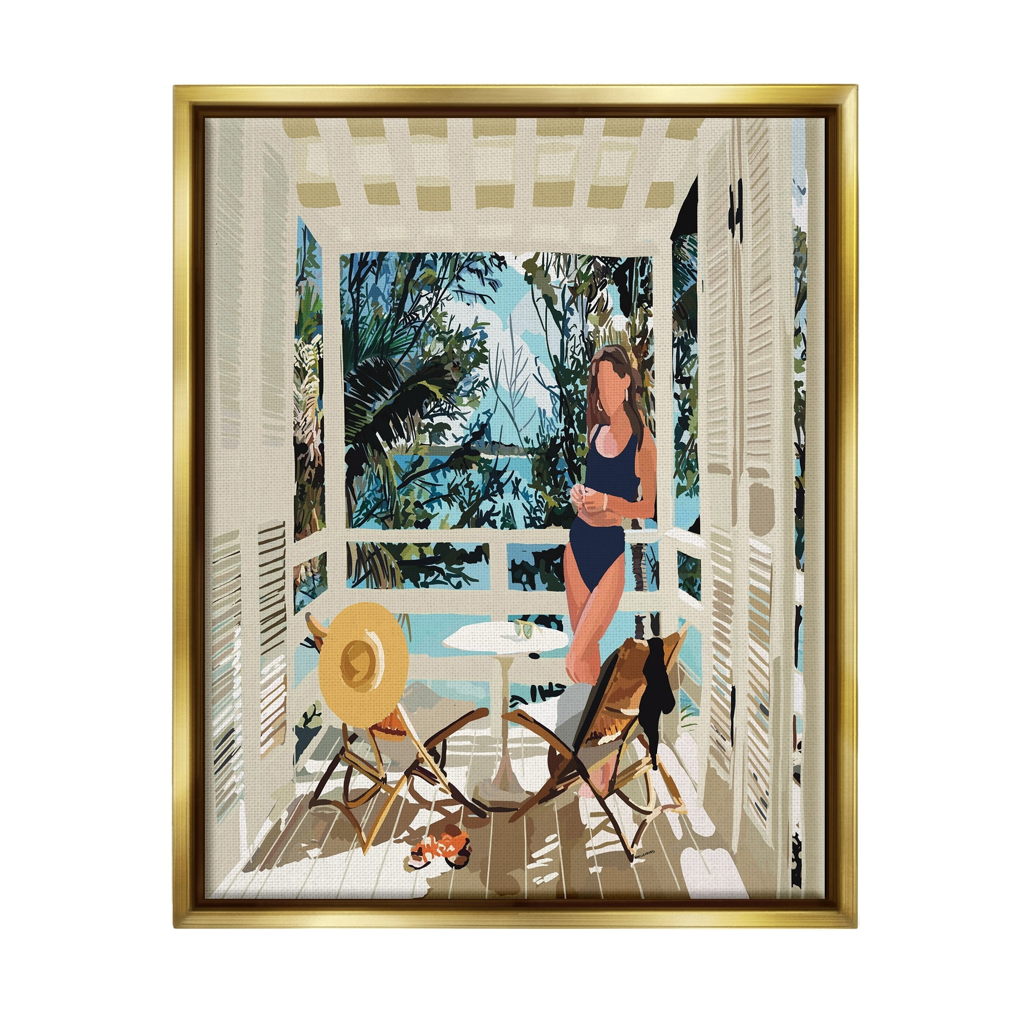 Stupell Industries Woman Coastal Beach Canopy Summer Ocean Scene Graphic Art Metallic Gold Floating Framed Canvas Print Wall Art, Design by Amelia Noyes