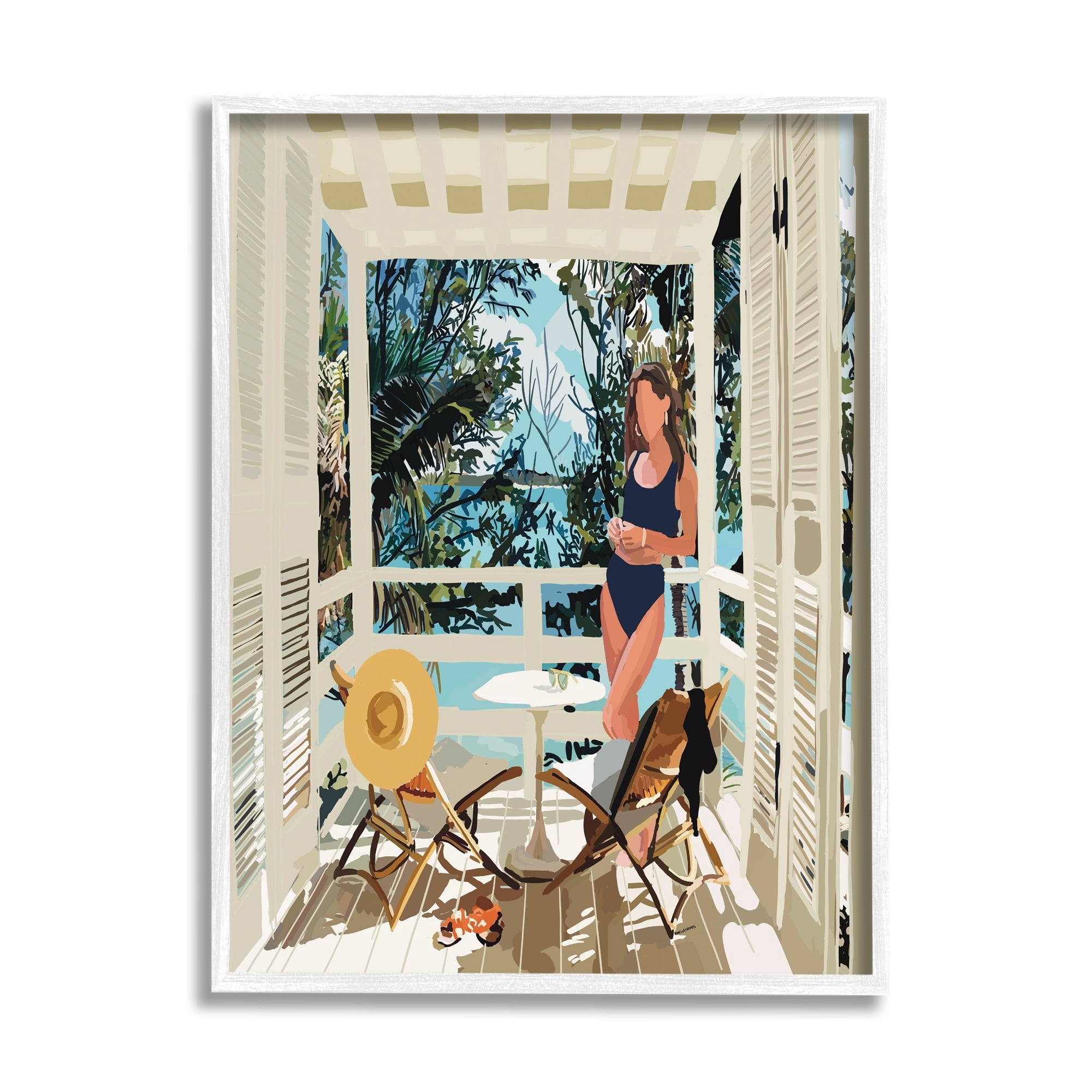 Stupell Industries Woman Coastal Beach Canopy Summer Ocean Scene Graphic Art White Framed Art Print Wall Art, Design by Amelia Noyes