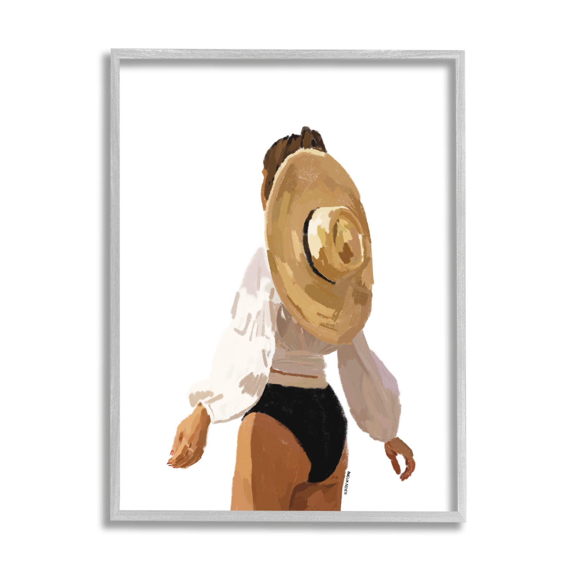 Stupell Industries Woman Draped Sun Hat Tropical Summer Vacation Graphic Art Gray Framed Art Print Wall Art, Design by Amelia Noyes