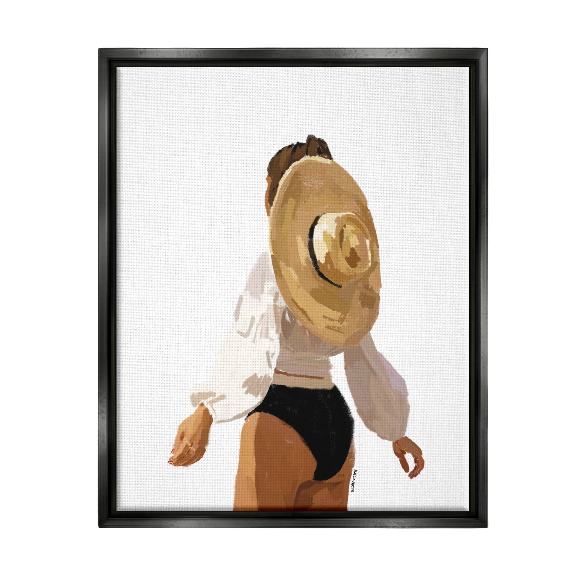 Stupell Industries Woman Draped Sun Hat Tropical Summer Vacation Graphic Art Jet Black Floating Framed Canvas Print Wall Art, Design by Amelia Noyes
