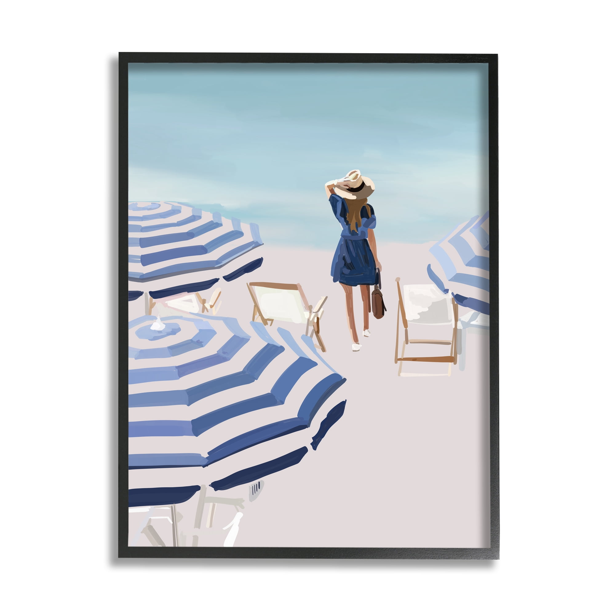 Stupell Industries Woman Enjoying Beach Shore Umbrellas Coastal Scene Graphic Art Black Framed Art Print Wall Art, Design by Amelia Noyes