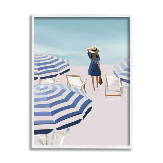 Stupell Industries Woman Enjoying Beach Shore Umbrellas Coastal Scene Graphic Art White Framed Art Print Wall Art, Design by Amelia Noyes